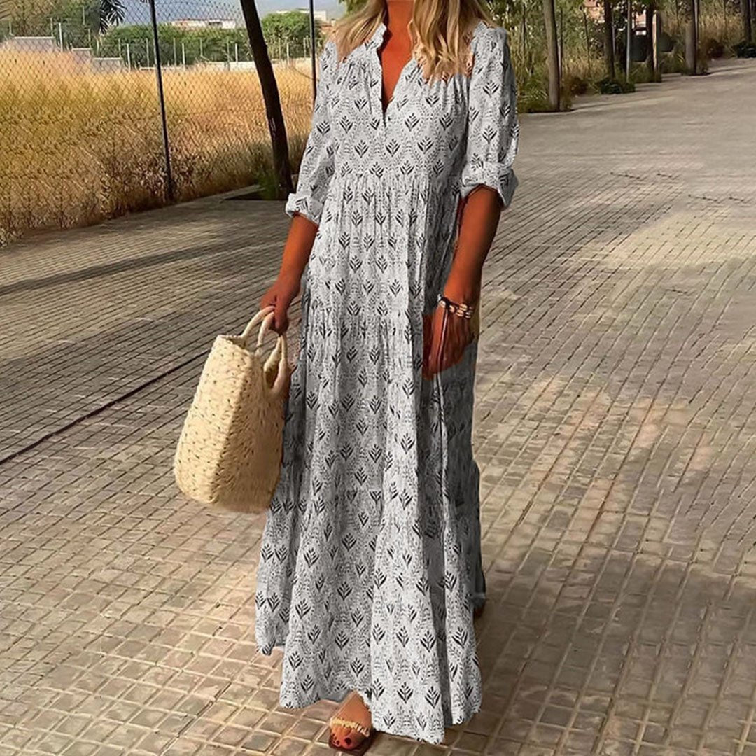 Boho Maxi Dress Printed V-Neck Long Sleeve