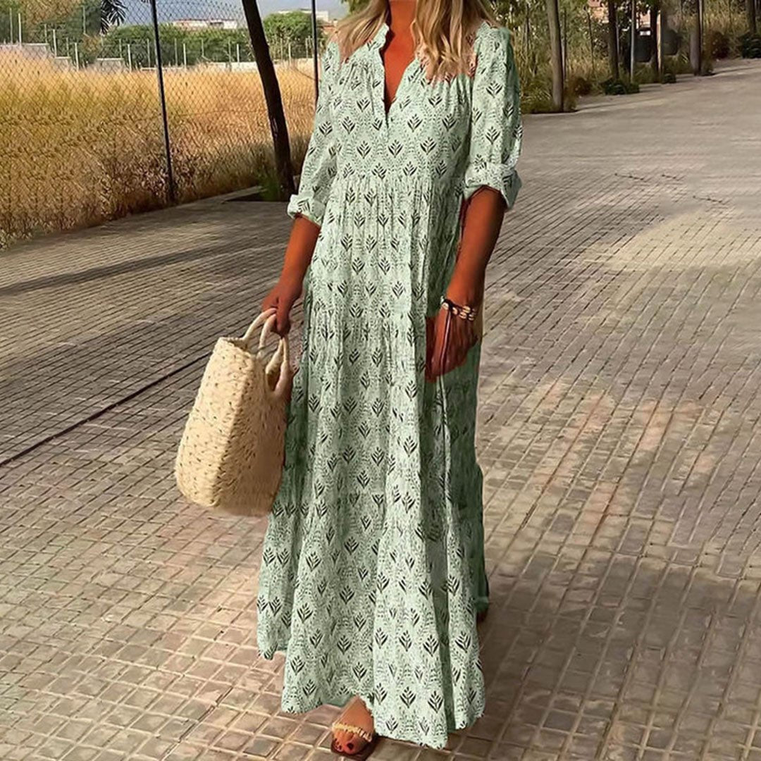 Boho Maxi Dress Printed V-Neck Long Sleeve