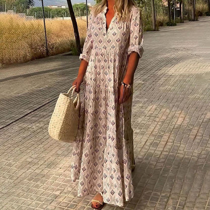 Boho Maxi Dress Printed V-Neck Long Sleeve