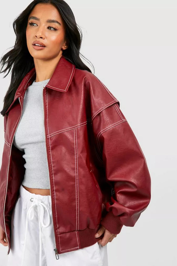 Brenda | Leather Bomber Jacket with Ribbed Cuffs for Women