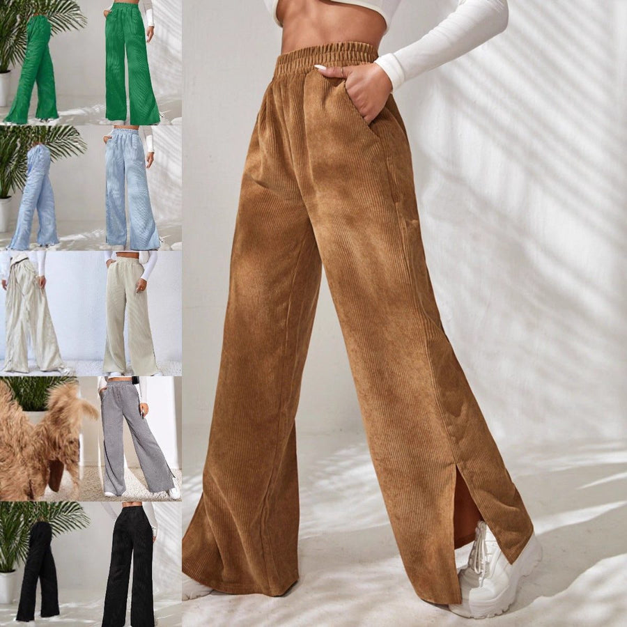 Women's Corduroy Trousers, Wide Leg Elastic Waist with Side Slit