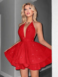 Glitter Cocktail Mini Dress Halter Neck Tiered Skirt 4