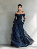 Women's Dark Blue Chiffon Organza Maxi Dress Off-Shoulder Long Sleeve Fitted 3