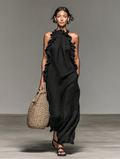 Women's Linen Blend Maxi Dress Halter Neck 1