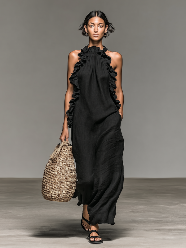 Women's Linen Blend Maxi Dress Halter Neck