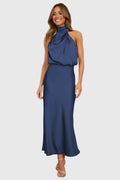 Satin Halter Dress Sleeveless Glamorous Formal Fit 4