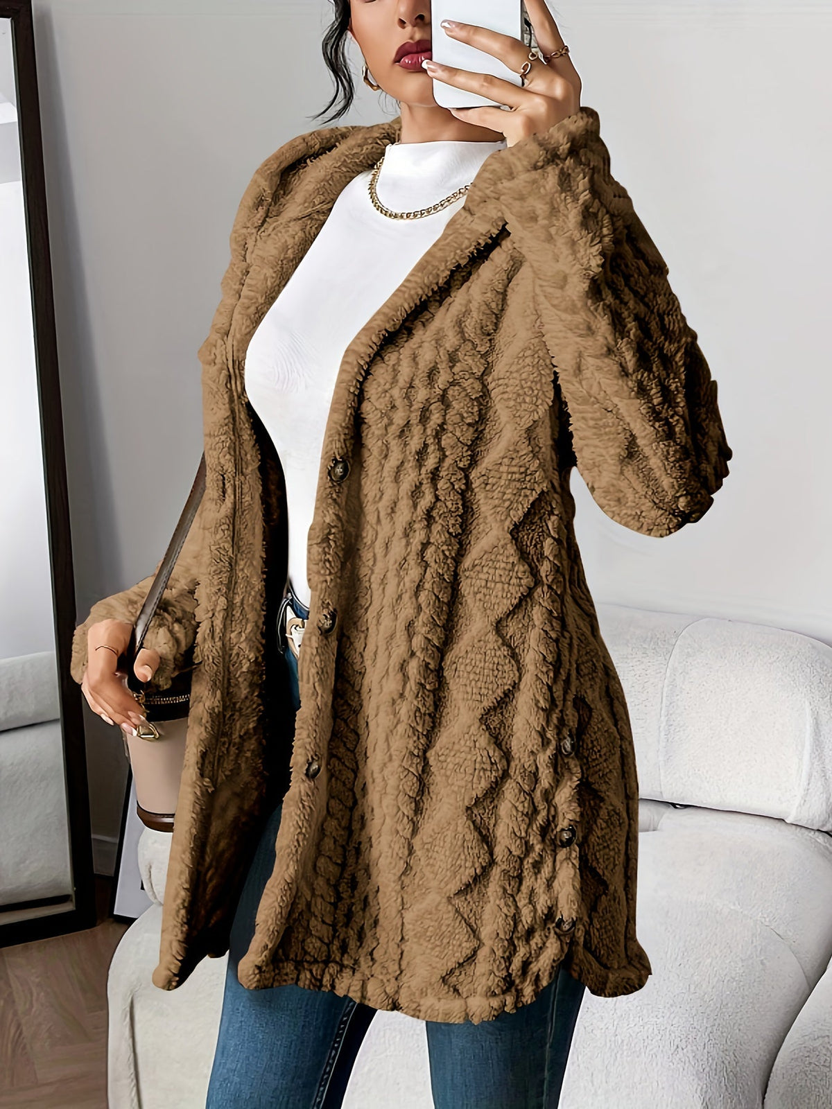 Women's Hooded Cardigan, Cable Knit Button Front