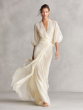 Women's Ivory Sheer Chiffon Dress Puff Sleeves Wrap Detail 3