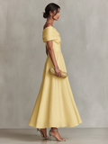 Women's Yellow Linen Dress One-Shoulder Fitted Waist Elegant 5