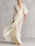Women's Ivory Sheer Chiffon Dress Puff Sleeves Wrap Detail 1