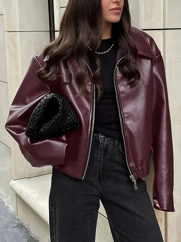 Oversized Cropped Faux Leather Jacket for Women