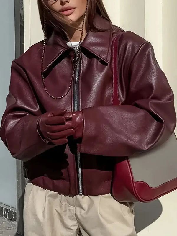 Oversized Cropped Faux Leather Jacket for Women