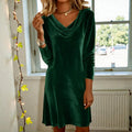 Women's Velvet Christmas Dress, Cowl Neck Long Sleeve Knee Length 10
