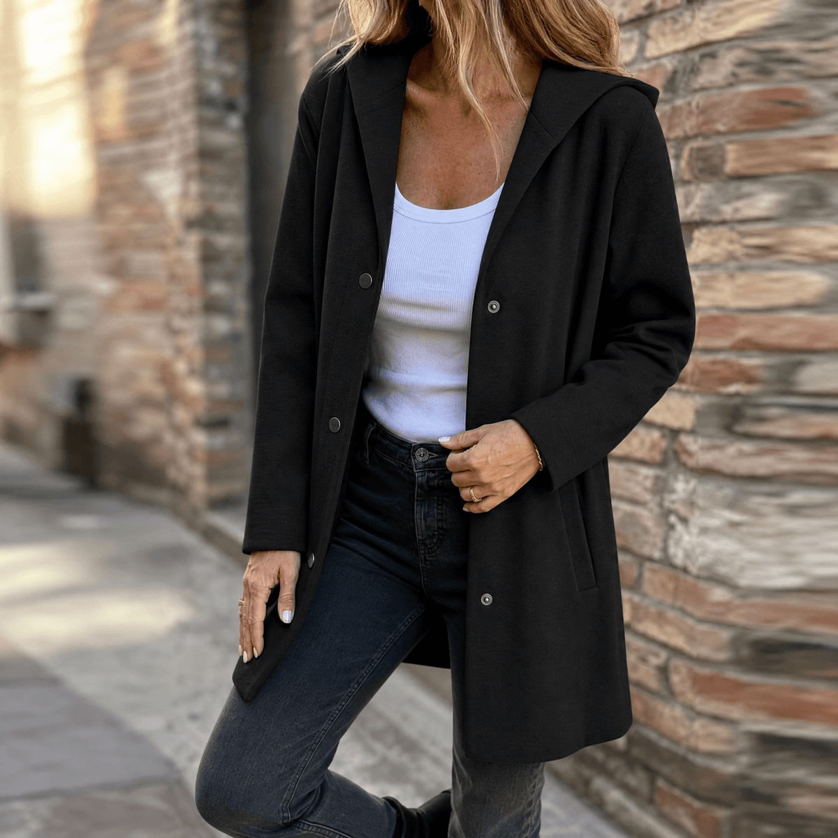 Women's Long Hooded Cardigan, Button Front with Pockets