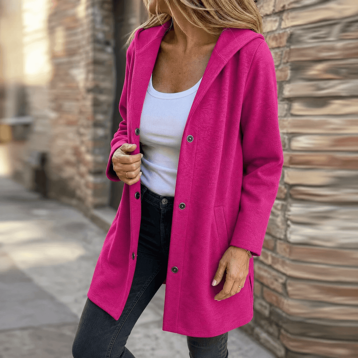 Women's Long Hooded Cardigan, Button Front with Pockets