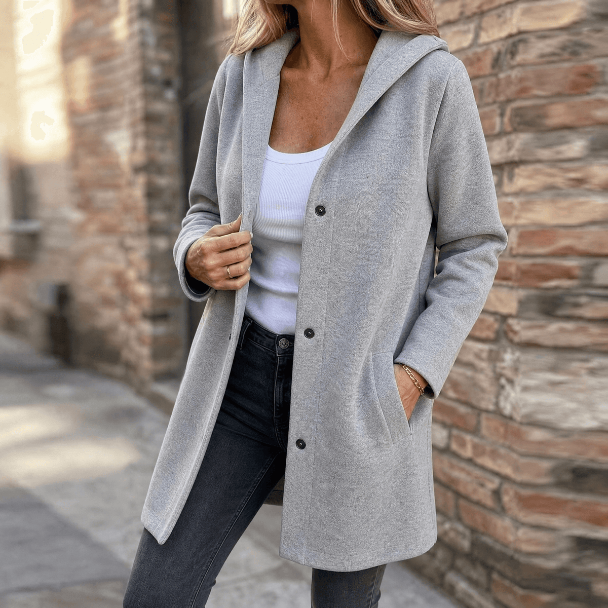Women's Long Hooded Cardigan, Button Front with Pockets