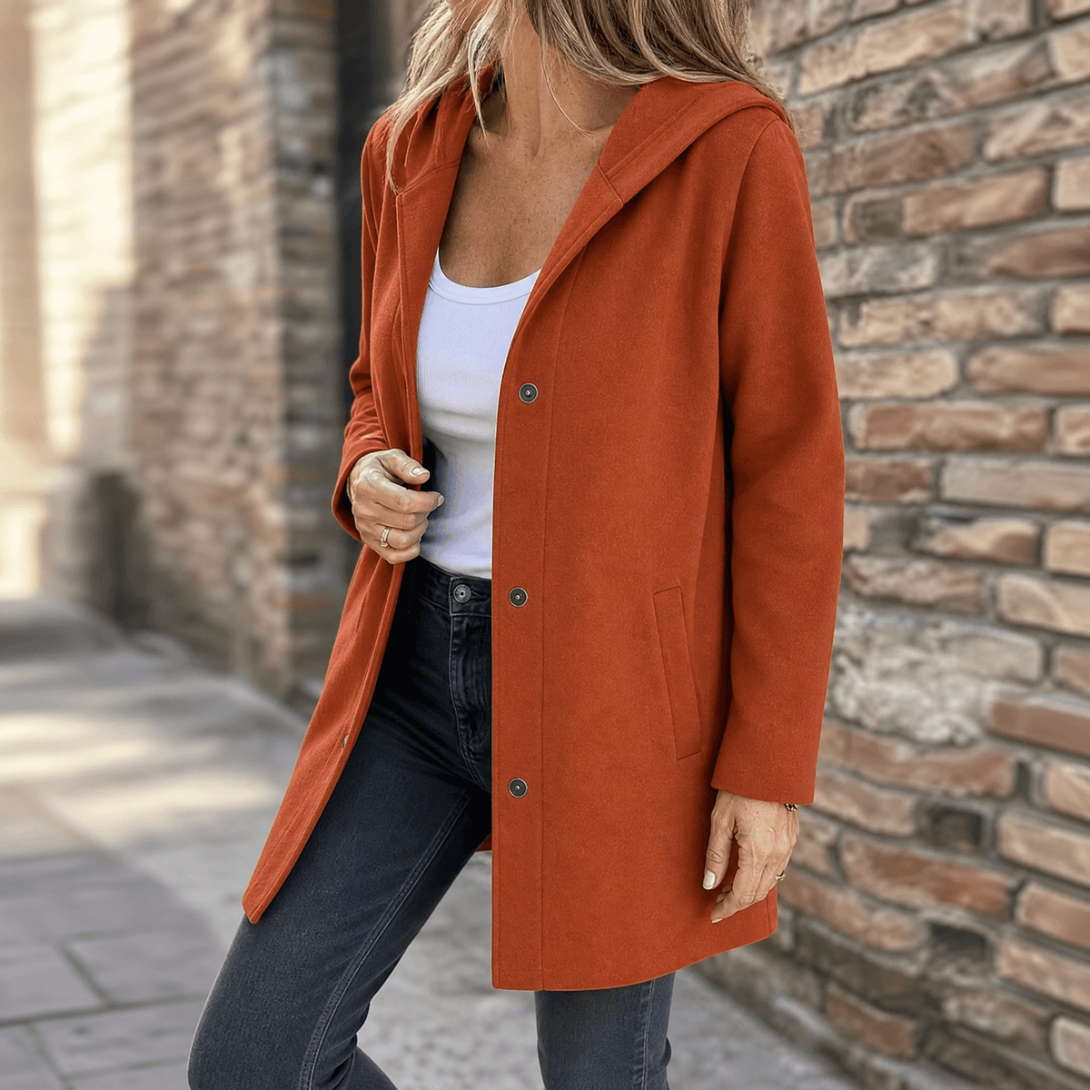 Women's Long Hooded Cardigan, Button Front with Pockets
