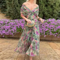 Chiffon Off-Shoulder Midi Dress Ruched Twist Front 1