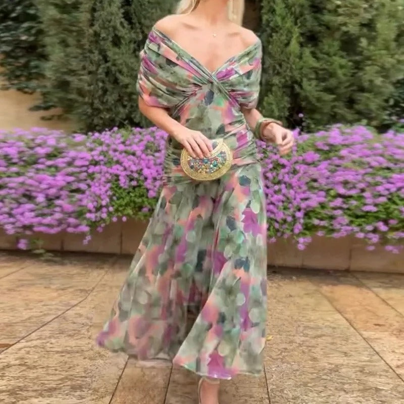 Chiffon Off-Shoulder Midi Dress Ruched Twist Front