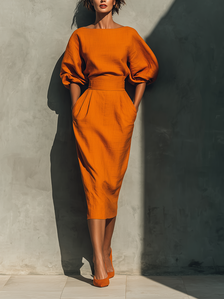 Orange Mid-Sleeve Top and Midi Skirt Co-ord Set