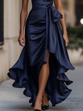 Satin Halter Gown Midnight Ruffle Formal Fitted 4
