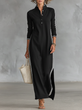 White-Trim Button-Down Collar Sweatshirt Maxi Dress 1