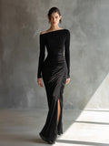 Women's Black Jersey Maxi Dress Off-Shoulder Ruched Slit 4