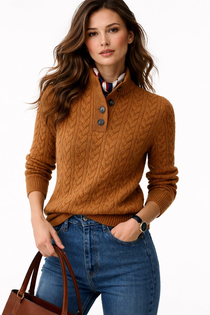 Ronja | Cable Knit Wool Blend Button Collar Sweater for Women