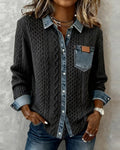 Women's Knit Shirt Blouse, Cable Knit with Denim Trim 1