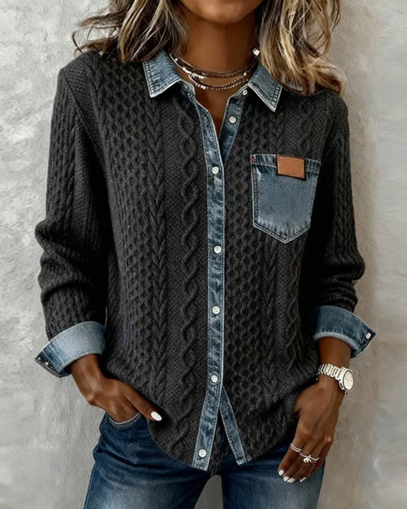 Women's Knit Shirt Blouse, Cable Knit with Denim Trim