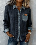 Women's Knit Shirt Blouse, Cable Knit with Denim Trim 4