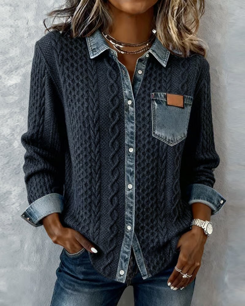 Women's Knit Shirt Blouse, Cable Knit with Denim Trim