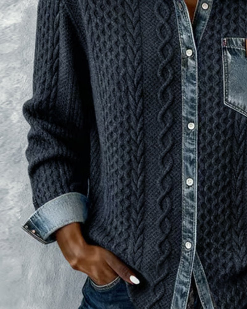 Women's Knit Shirt Blouse, Cable Knit with Denim Trim