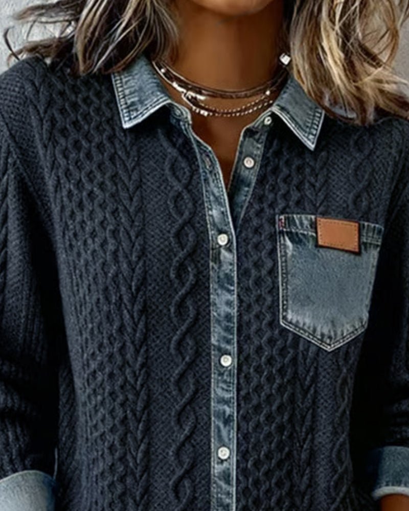 Women's Knit Shirt Blouse, Cable Knit with Denim Trim