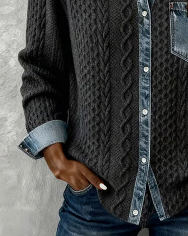 Women's Knit Shirt Blouse, Cable Knit with Denim Trim