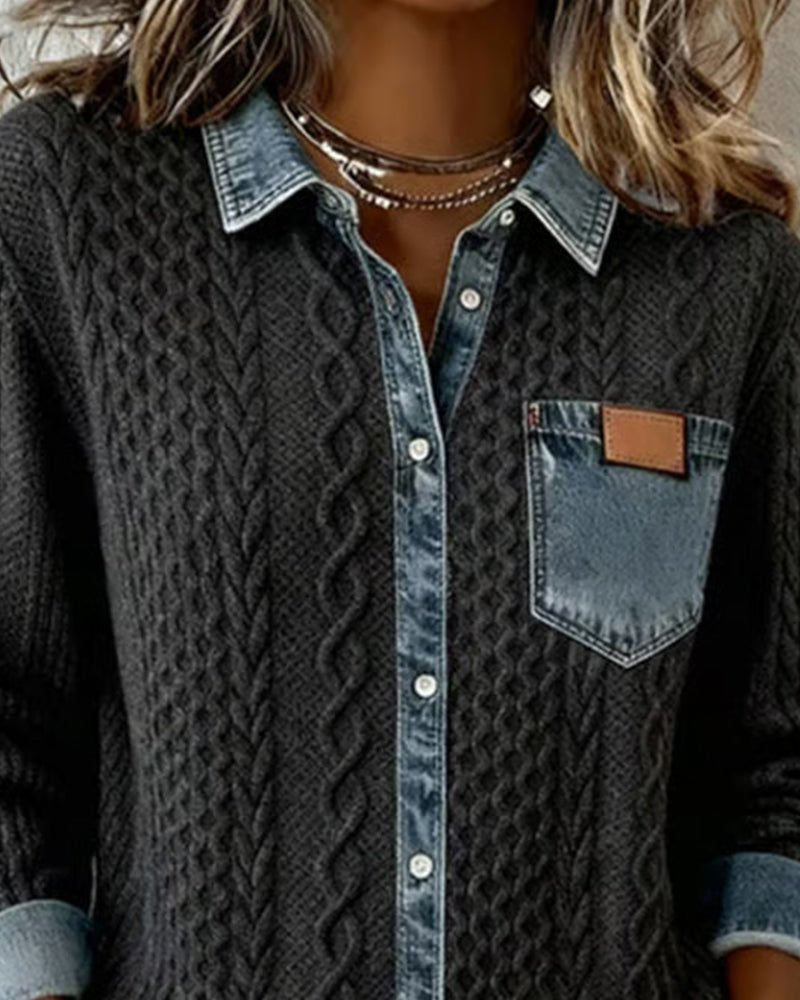 Women's Knit Shirt Blouse, Cable Knit with Denim Trim