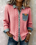 Women's Knit Shirt Blouse, Cable Knit with Denim Trim 2