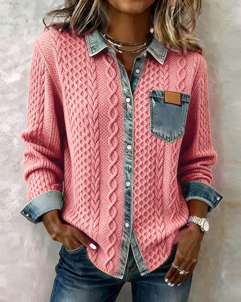 Women's Knit Shirt Blouse, Cable Knit with Denim Trim