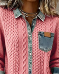 Women's Knit Shirt Blouse, Cable Knit with Denim Trim 7