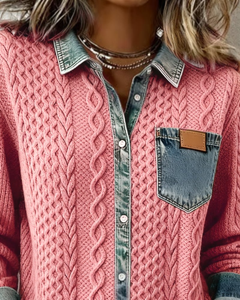 Women's Knit Shirt Blouse, Cable Knit with Denim Trim