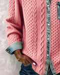 Women's Knit Shirt Blouse, Cable Knit with Denim Trim 8