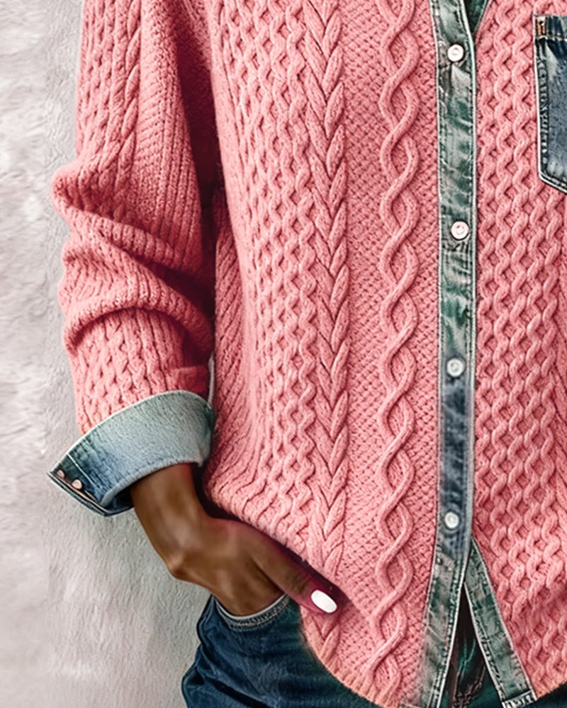 Women's Knit Shirt Blouse, Cable Knit with Denim Trim