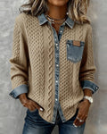 Women's Knit Shirt Blouse, Cable Knit with Denim Trim 3