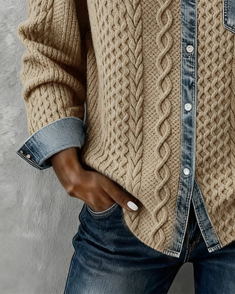 Women's Knit Shirt Blouse, Cable Knit with Denim Trim