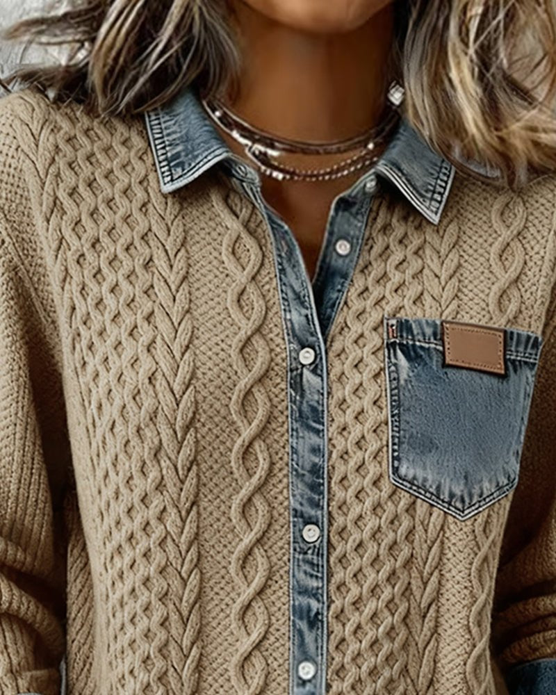 Women's Knit Shirt Blouse, Cable Knit with Denim Trim