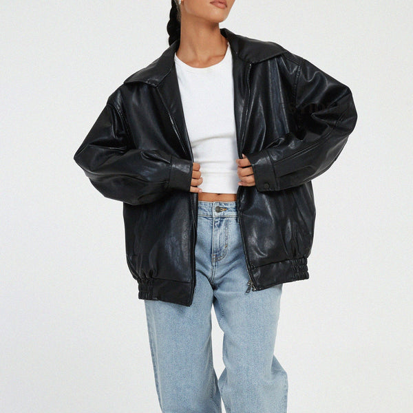 Diane | Leather Bomber Jacket with Elastic Cuffs for Women