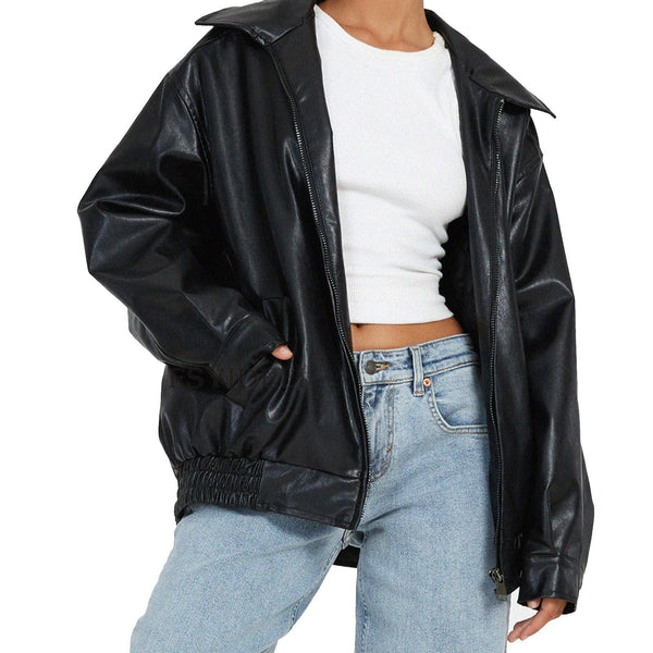 Diane | Leather Bomber Jacket with Elastic Cuffs for Women