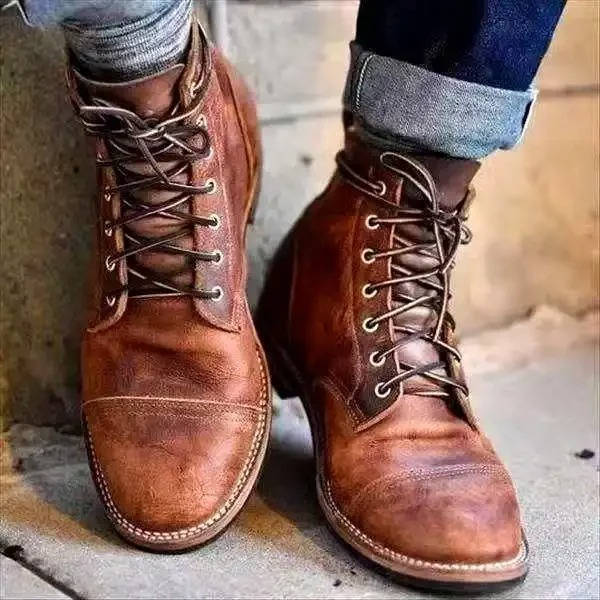 Men's Brogue Boots, Faux Leather Lace-Up Cap Toe