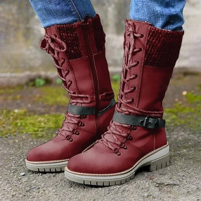 Women's Mid-Calf Winter Boots, Knit Cuff Lace-Up with Buckle