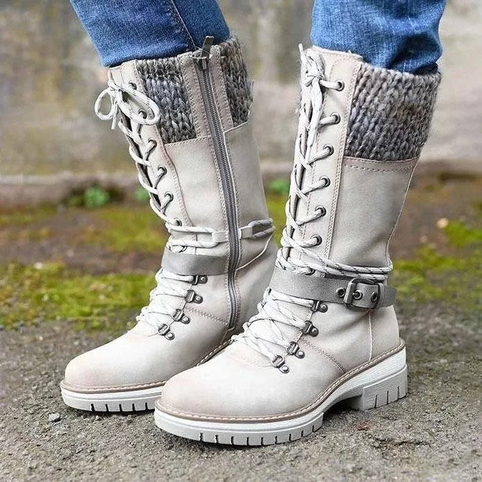 Women's Mid-Calf Winter Boots, Knit Cuff Lace-Up with Buckle